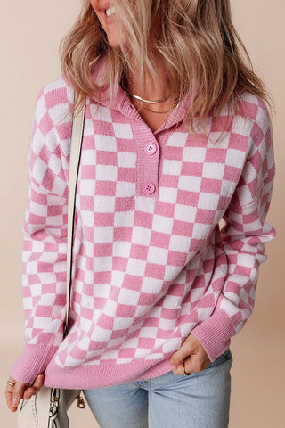 Oaklynn - V-Neck Top with Checkers Design and Buttons