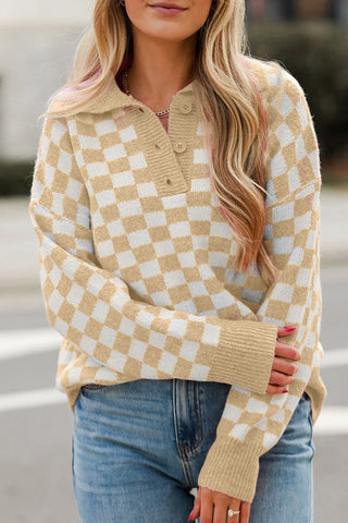 Oaklynn - V-Neck Top with Checkers Design and Buttons